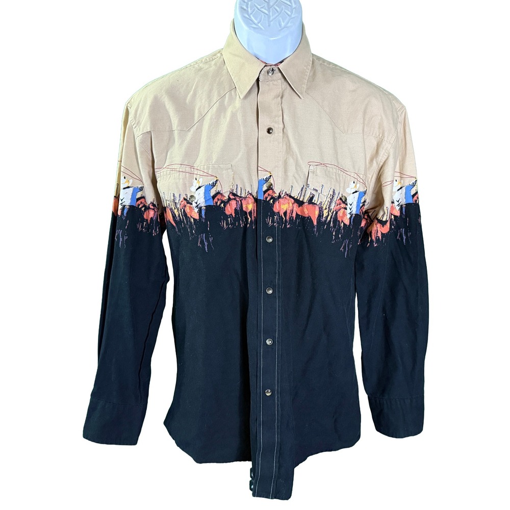 Roper Western Pearl Snap Shirt Mens Medium Black Khaki Rodeo Cowboy Graphic